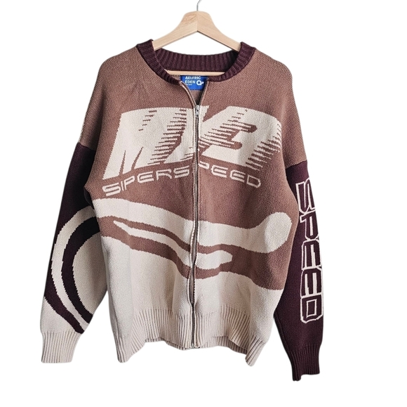 Aelfric Eden Knit Kitschy Speed Racing Zip Up Cardigan Jacket Size Large - Picture 1 of 7